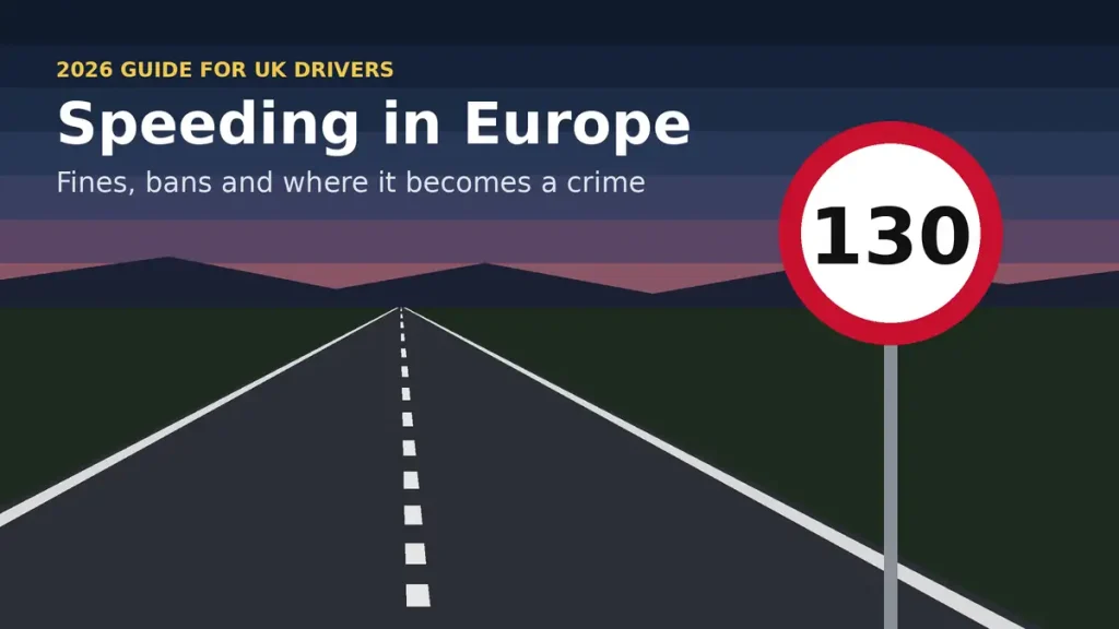 Illustration of an empty European road at dusk with a 130 km/h speed limit sign and the title Speeding in Europe